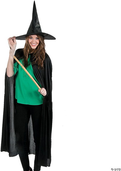 Zeroshop Siyah Yakalı 120 cm Yetişkin Pelerin ve Siyah Kumaş Cadı Şapkası