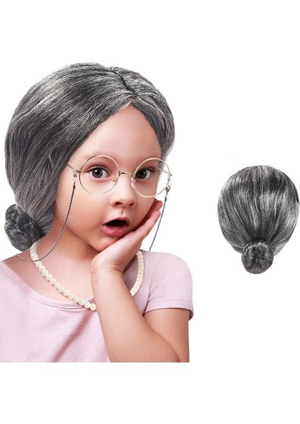 Zeroshop Gri Renk Yaşlı Peruğu Takma Saç Büyüne Peruğu Yetişkin Çocuk Uyumlu