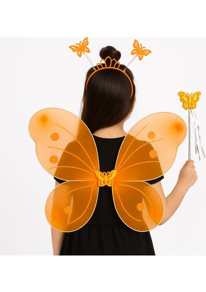 Zeroshop Turuncu Kelebek Kız Seti – 50 cm Kelebek Kanadı, Taç ve Asa