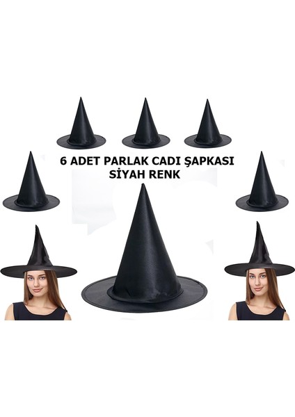 Zeroshop Halloween Siyah Renk Parlak Dralon Cadı Şapkası Yetişkin ve Çocuk Uyumlu 6 Adet