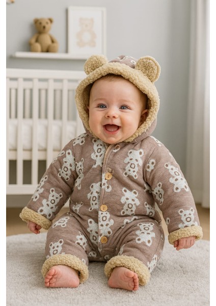 0-3 Ay Erkek Bebek Içi Kuzu Astarlı Dışı Jakarlı Desen Nakışlı Düğmeli Kapşonlu Tulum