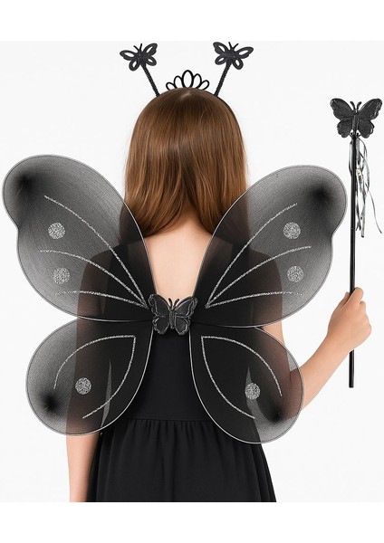 Zeroshop Siyah Kelebek Kız Seti – 50 cm Kelebek Kanadı, Taç ve Asa