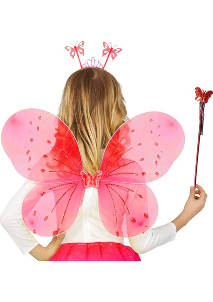 Zeroshop Kırmızı Renk Çocuk Kelebek Kanadı Tacı ve Asa Seti 50 cm