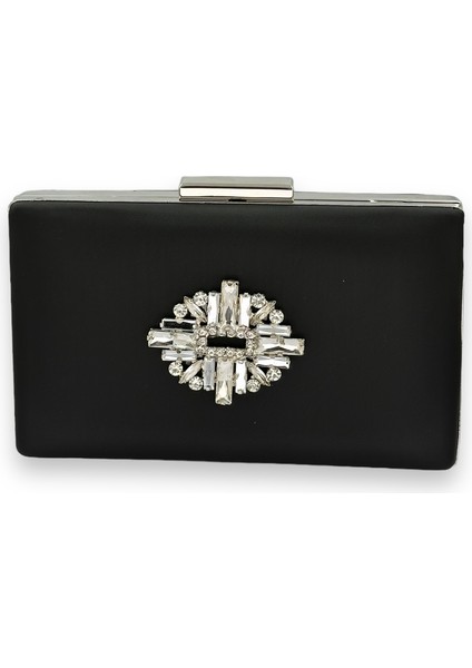 Siyah Renk Çizilmeyen Saten Gümüş Taşlı Abiye Çanta Düğün Nişan Çantası