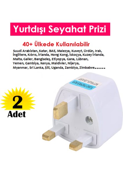 Hac Umre (40+Ülke) 3 Pinli Yurtdışı Seyahat Prizi Seyahat Adaptörü Topraklı G Tipi (2 Adet)