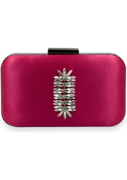 Fuşya Renk Saten Gümüş Kasalı Gümüş Taşlı Abiye Çanta Gece Çantası Düğün Nişan Portföy