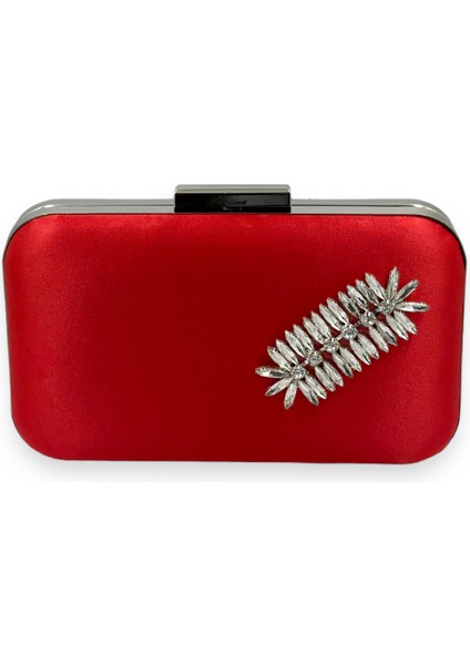 Kırmızı Renk Saten Gümüş Kasalı Gümüş Taşlı Abiye Çanta Gece Çantası Düğün Nişan Portföy