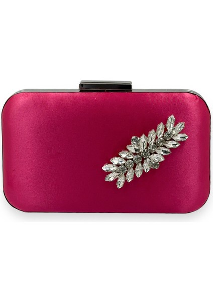 Fuşya Renk Saten Gümüş Kasalı Gümüş Taşlı Abiye Çanta Gece Çantası Düğün Nişan Portföy