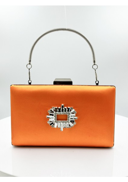 Turuncu Renk Saten Gümüş Kasalı Gümüş Taşlı Abiye Çanta Gece Çantası Düğün Nişan Portföy