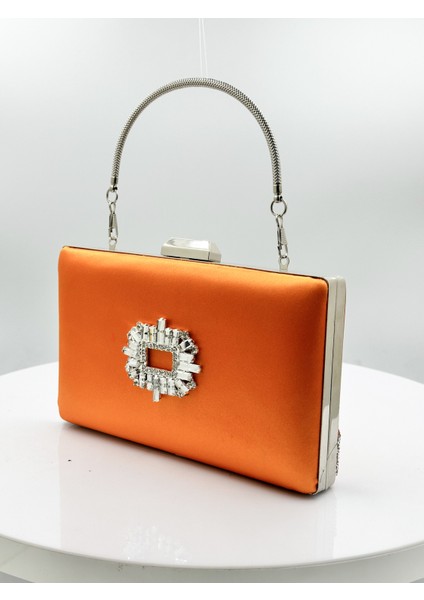 Turuncu Renk Saten Gümüş Kasalı Gümüş Taşlı Abiye Çanta Gece Çantası Düğün Nişan Portföy fiyatları