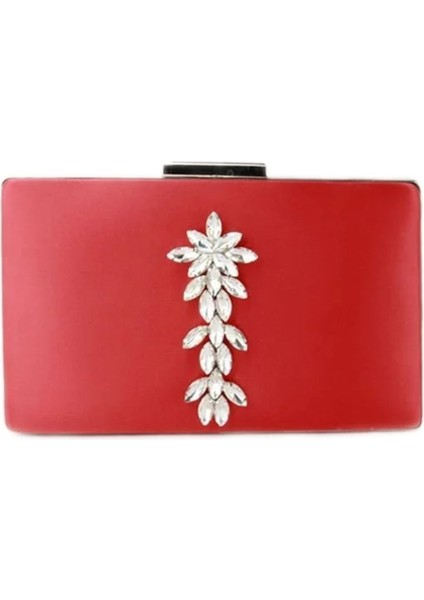 Kırmızı Saten Gümüş Renkli Taşlı Abiye Çanta Gece Çantası Nişan Çantası