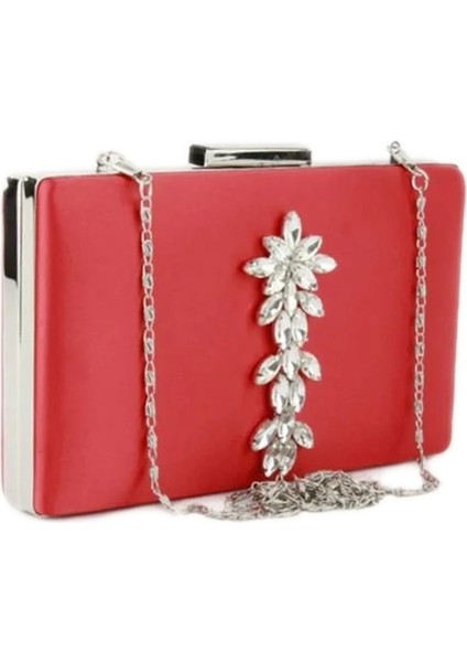 Kırmızı Saten Gümüş Renkli Taşlı Abiye Çanta Gece Çantası Nişan Çantası fırsatları