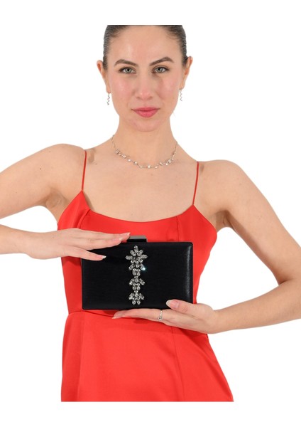 Siyah Sıvama Saten Kristal Taşlı Abiye Çanta Gece Çantası Nişan Düğün Çantası