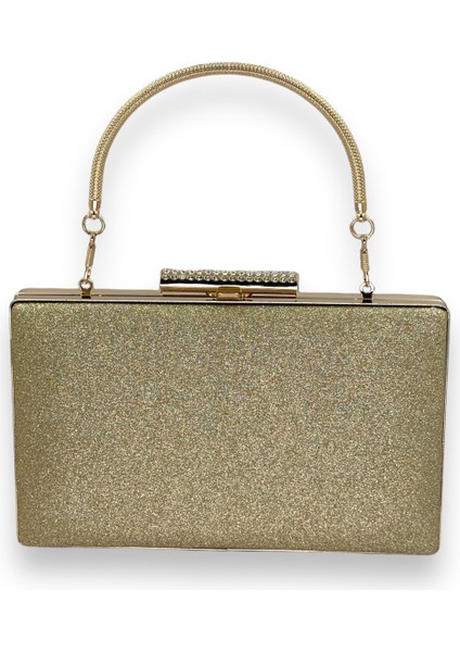 Altın Gold Dore Renk Simleri Dökülmeyen Ithal Kumsim Metal Saplı Taşlı Kasalı Abiye Çanta