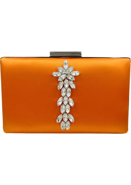 Turuncu Renk Gümüş Kasalı Gümüş Taşlı Saten Abiye Çanta Gece Çantası Nişan Düğün Çantası