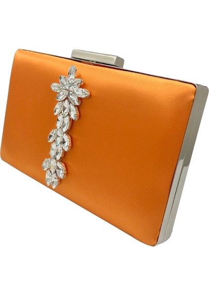 Turuncu Renk Gümüş Kasalı Gümüş Taşlı Saten Abiye Çanta Gece Çantası Nişan Düğün Çantası fiyatları