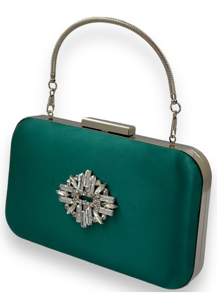 Yeşil Renk Saten Gümüş Kasalı Gümüş Taşlı Kulplu Saplı Abiye Gece Çantası Düğün Portföy