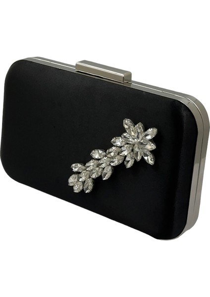 Siyah Renk Saten Gümüş Kasalı Gümüş Taşlı Abiye Çanta Gece Çantası Düğün Nişan Portföy