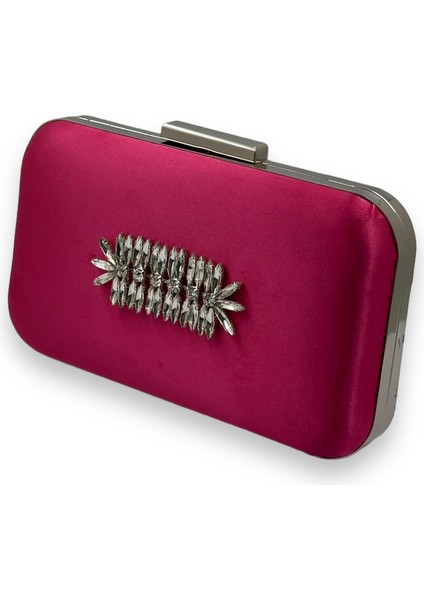 Fuşya Renk Saten Gümüş Kasalı Gümüş Taşlı Abiye Çanta Gece Çantası Düğün Nişan Portföy