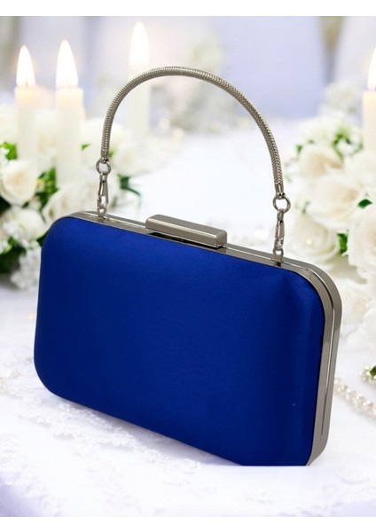 Saks Renk Saten Gümüş Kasalı Metal Saplı Kulplu Abiye Çanta Gece Çantası Düğün Nişan Portföy