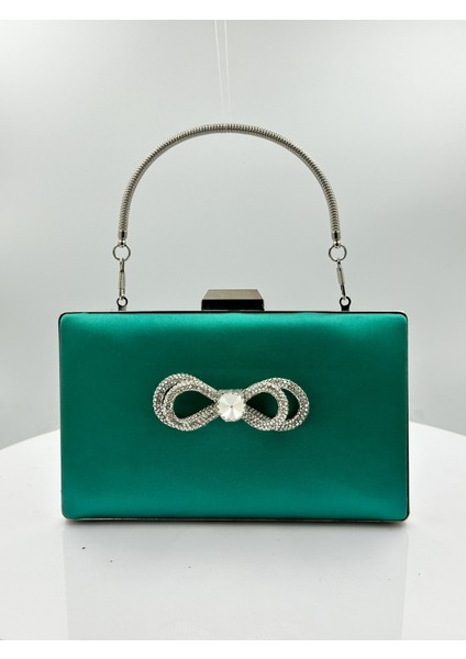 Yeşil Renk Saten Gümüş Kasalı Gümüş Taşlı Abiye Çanta Gece Çantası Düğün Nişan Portföy