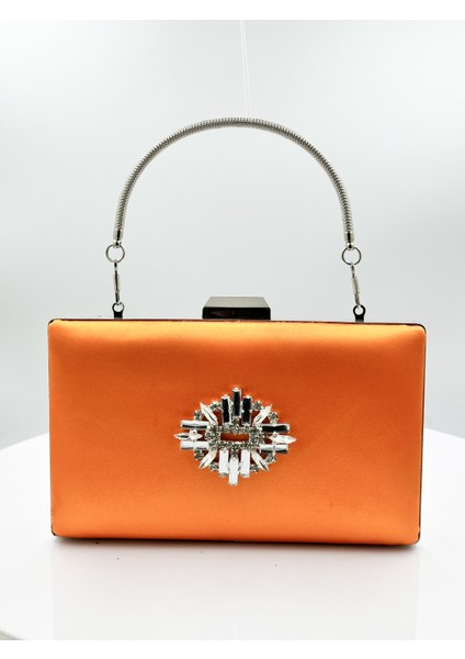 Turuncu Renk Saten Gümüş Kasalı Gümüş Taşlı Abiye Çanta Gece Çantası Düğün Nişan Portföy