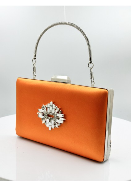 Turuncu Renk Saten Gümüş Kasalı Gümüş Taşlı Abiye Çanta Gece Çantası Düğün Nişan Portföy fiyatları