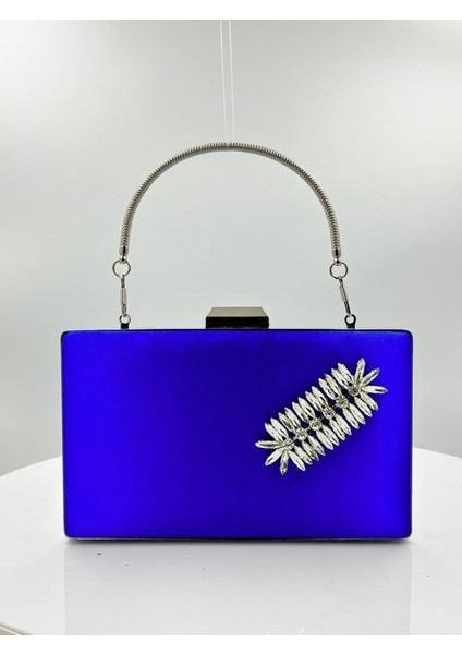 Saks Mavisi Renk Saten Gümüş Kasalı Gümüş Taşlı Abiye Çanta Gece Çantası Düğün Nişan Portföy