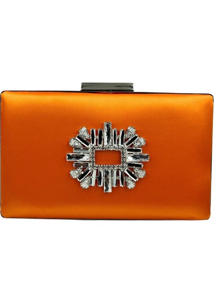Turuncu Renk Saten Gümüş Kasalı Gümüş Taşlı Abiye Çanta Gece Çantası Düğün Nişan Portföy
