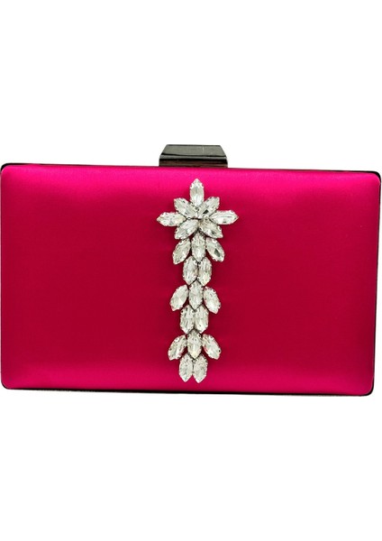 Fuşya Saten Gümüş Renkli Taşlı Abiye Çanta Gece Çantası Nişan Çantası