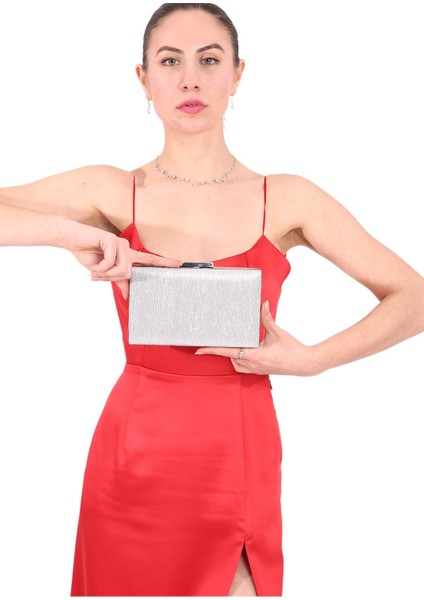 Gümüş Lame Renk Abiye Çanta Zincirli Çanta Nişan Düğün Çantası El Yapımı Çanta El Çantası