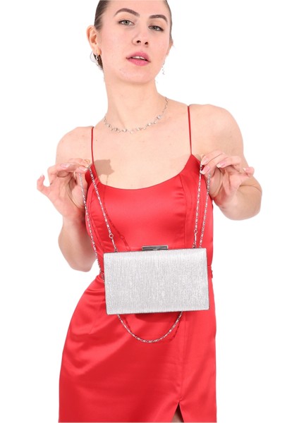 Gümüş Lame Renk Abiye Çanta Zincirli Çanta Nişan Düğün Çantası El Yapımı Çanta El Çantası modelleri