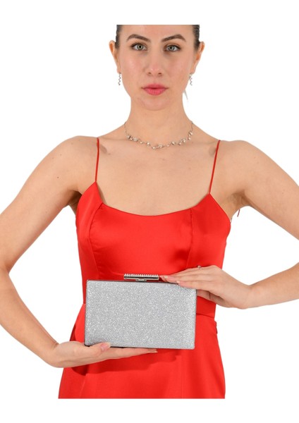 Gümüş Lame Renk Simli Abiye Çanta Gece Çantası Düğün Çantası