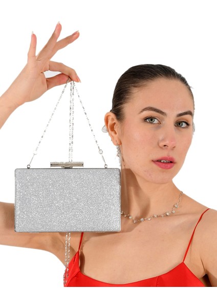 Gümüş Lame Renk Simli Abiye Çanta Gece Çantası Düğün Çantası