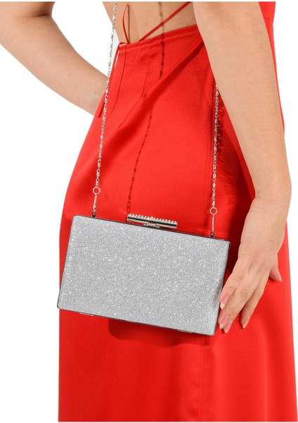 Gümüş Lame Renk Simli Abiye Çanta Gece Çantası Düğün Çantası