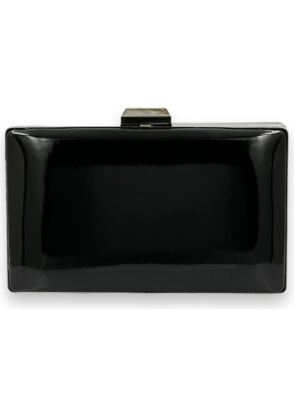 Siyah Rugan Gümüş Detaylı Metal Saplı Abiye Gece Çantası Düğün Nişan Mezuniyet Çantası