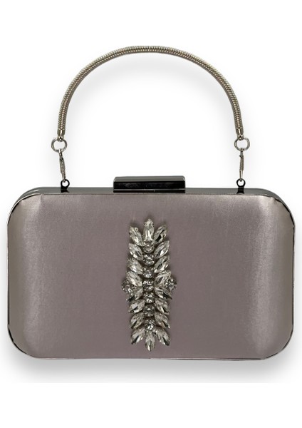 Vizon Renk Saten Gümüş Kasalı Gümüş Taşlı Kulplu Saplı Abiye Gece Çantası Düğün Portföy