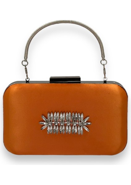 Turuncu Renk Saten Gümüş Kasalı Gümüş Taşlı Kulplu Saplı Abiye Gece Çantası Düğün Portföy