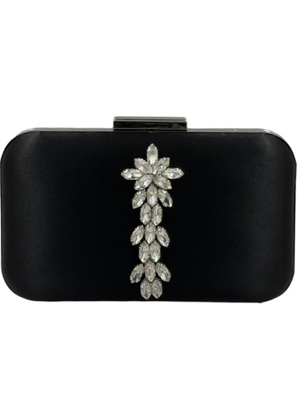 Siyah Renk Saten Gümüş Kasalı Gümüş Taşlı Abiye Çanta Gece Çantası Düğün Nişan Portföy