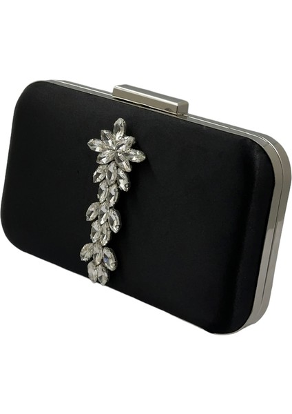 Siyah Renk Saten Gümüş Kasalı Gümüş Taşlı Abiye Çanta Gece Çantası Düğün Nişan Portföy fiyatları