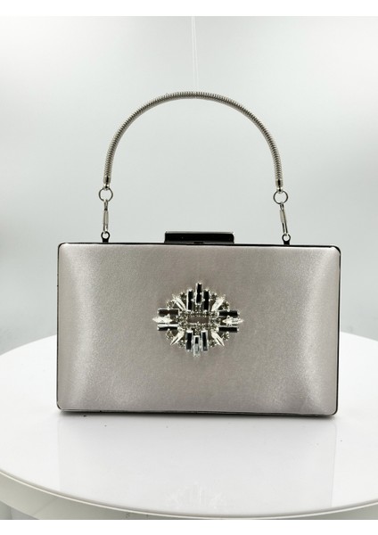 Vizon Renk Saten Gümüş Kasalı Gümüş Taşlı Abiye Çanta Gece Çantası Düğün Nişan Portföy