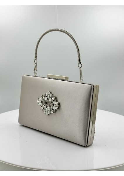 Vizon Renk Saten Gümüş Kasalı Gümüş Taşlı Abiye Çanta Gece Çantası Düğün Nişan Portföy fiyatları