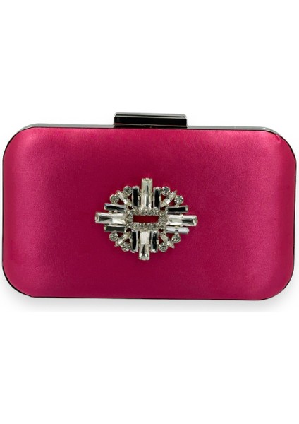 Fuşya Renk Saten Gümüş Kasalı Gümüş Taşlı Abiye Çanta Gece Çantası Düğün Nişan Portföy