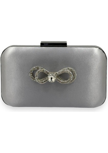 Gri Renk Saten Gümüş Kasalı Gümüş Taşlı Abiye Çanta Gece Çantası Düğün Nişan Portföy