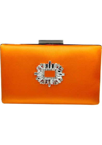 Turuncu Renk Saten Gümüş Kasalı Gümüş Taşlı Abiye Çanta Gece Çantası Düğün Nişan Portföy