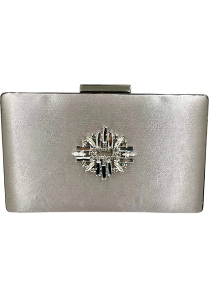 Vizon Renk Saten Gümüş Kasalı Gümüş Taşlı Abiye Çanta Gece Çantası Düğün Nişan Portföy