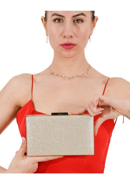 Altın Renk Simli Abiye Çanta Gece Çantası Nişan Düğün Çantası