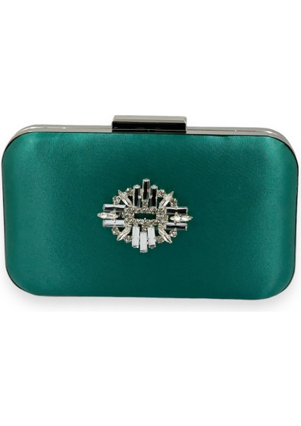 Yeşil Renk Saten Gümüş Kasalı Gümüş Taşlı Abiye Çanta Gece Çantası Düğün Nişan Portföy