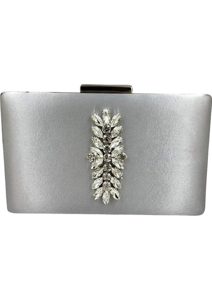 Gümüş Gri Renk Saten Gümüş Kasalı Gümüş Taşlı Abiye Çanta Gece Çantası Düğün Nişan Portföy