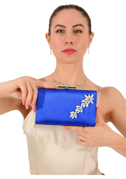 Saks Mavisi Saten Kristal Taşlı Abiye Çanta Düğün Nişan Gece Çantası El Yapımı Çanta